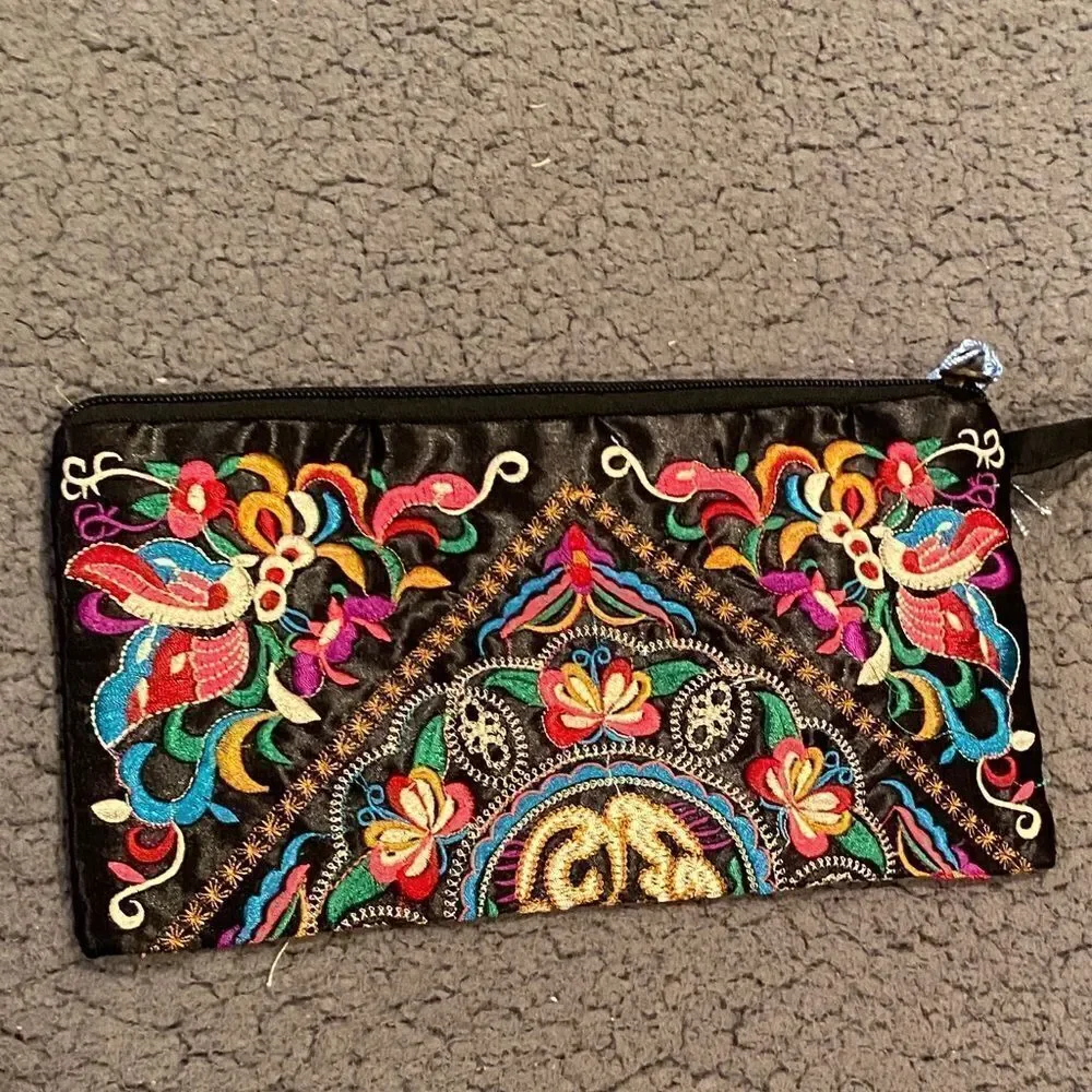 Embroidered Clutch Bag Wristlet Floral Boho Butterfly Pattern Hippie Bohemian